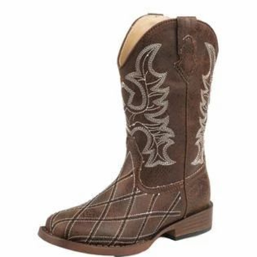 Boots & Shoes * | Karman Western Apparel Roper Kid'S Brown Diamond Stitched Square Boots