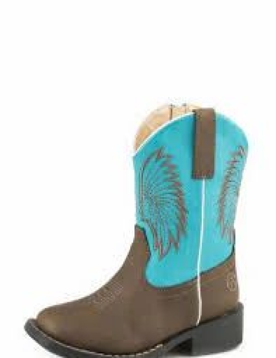 Boots & Shoes * | Karman Western Apparel Roper Kid'S Brown And Turquoise Headdress Square Toe Boots