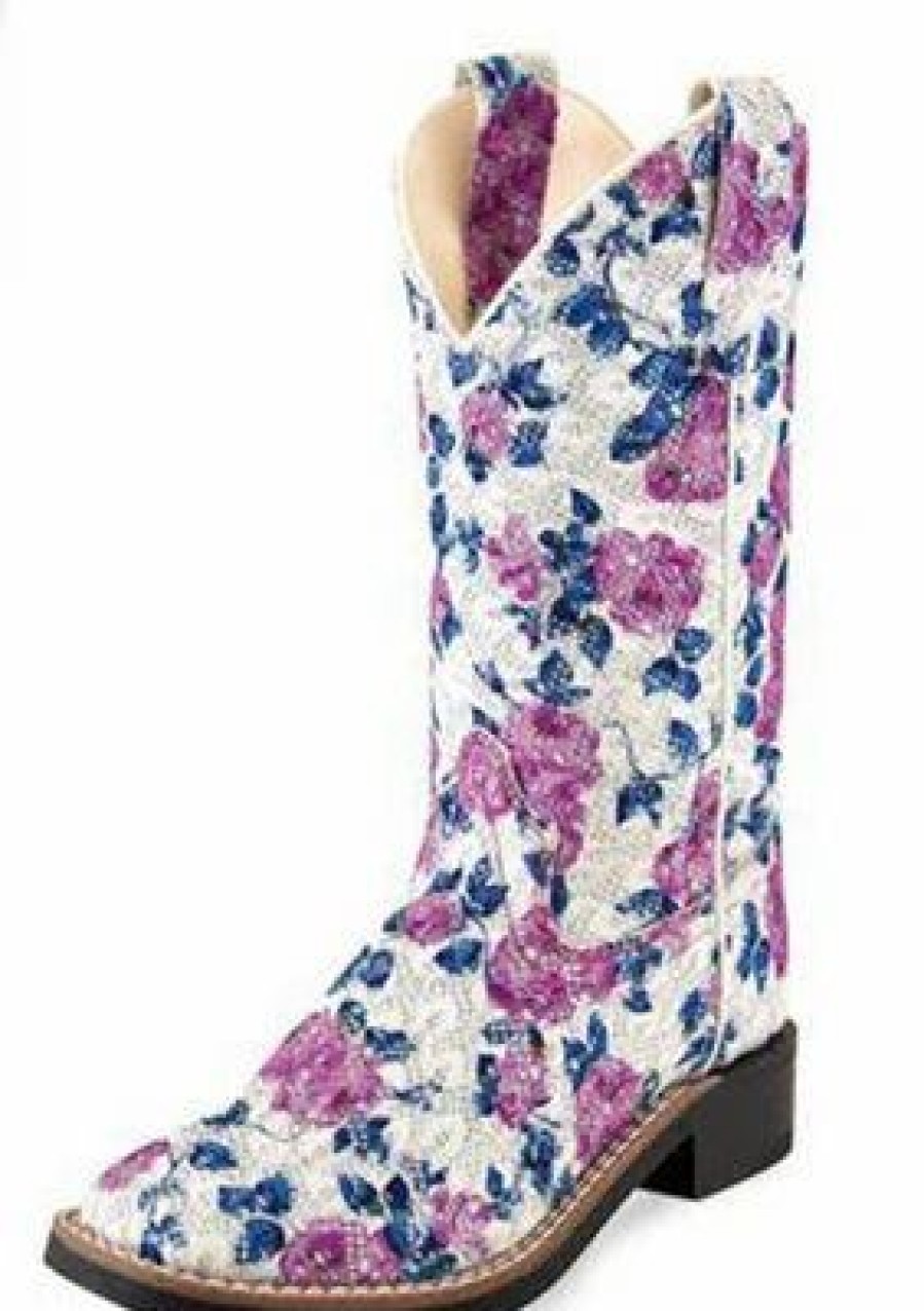 Boots & Shoes * | Jama Corporation Old West Children'S White And Lilac Floral Square Toe Boots