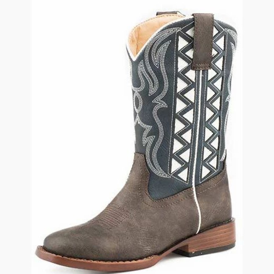 Boots & Shoes * | Karman Western Apparel Karman Roper Kid'S Navy And White Square Toe Boot