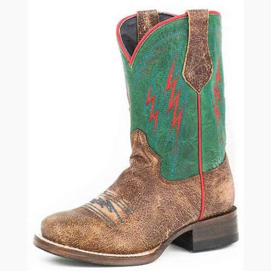 Boots & Shoes * | Karman Western Apparel Roper Kid'S Tan And Turquoise Thunder Square Toe Boot