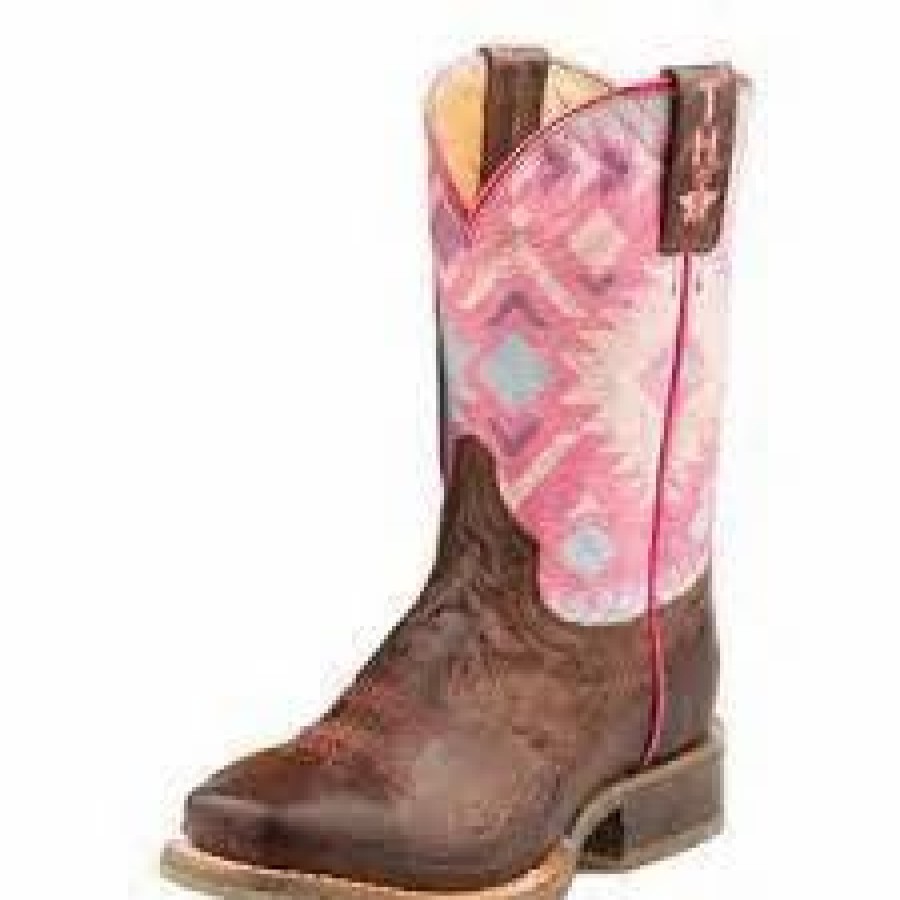 Boots & Shoes * | Karman Western Apparel Karman Kid'S Brown/Pink Aztec Square Toe