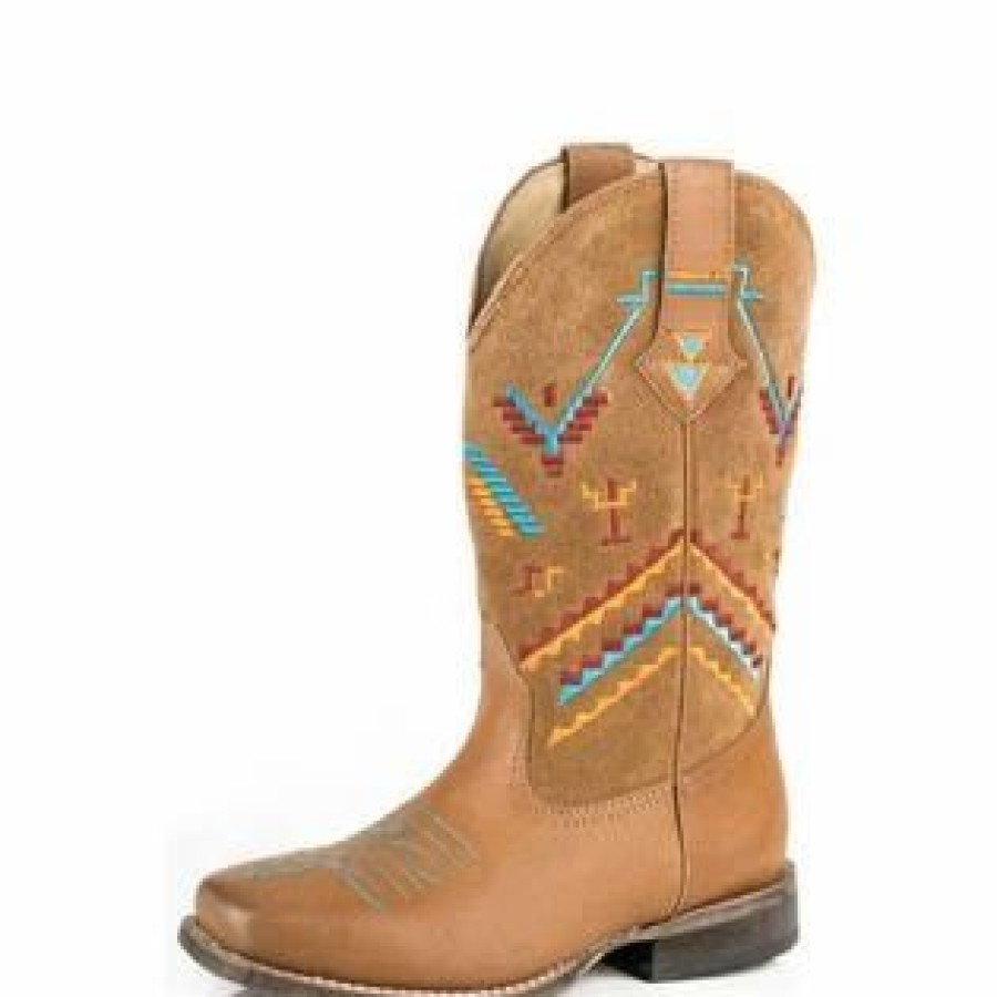 Boots & Shoes * | Karman Western Apparel Roper Kid'S Tan Aztec Embroidered Square Toe Boots