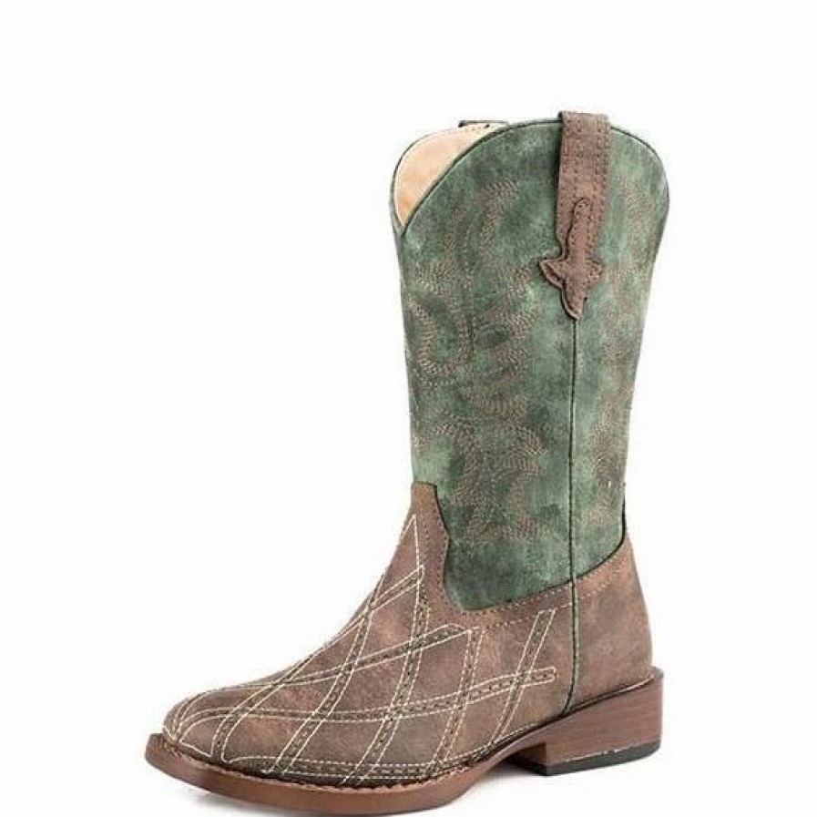 Boots & Shoes * | Roper Big Kid'S Brown And Green Cross Cut Diamond Stitched Square Toe Boot