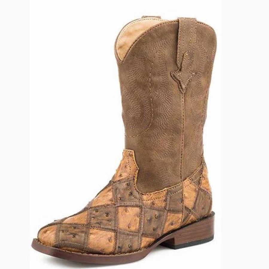 Boots & Shoes * | Karman Western Apparel Roper Kid'S Brown Ostrich Patchwork Square Toe Boot