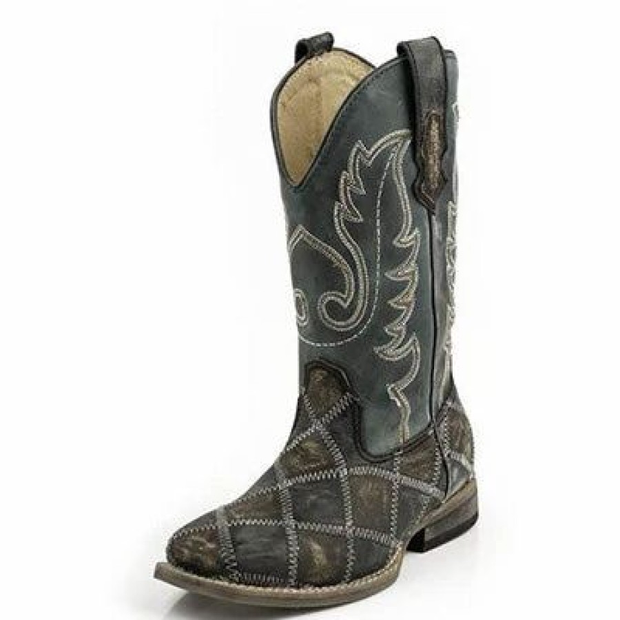 Boots & Shoes * | Karman Western Apparel Roper Kid'S Brown And Black Patchwork Square Toe Boots