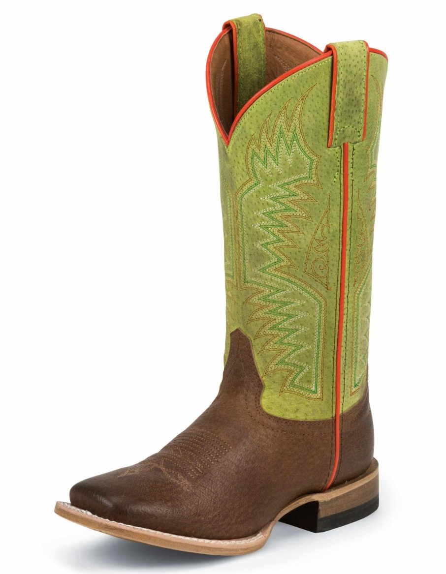 Boots & Shoes * | Justin Boot Co. Justin Kid'S Brown And Lime Green Square Toe Boots