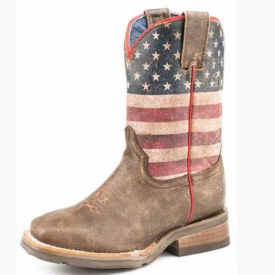 Boots & Shoes * | Karman Western Apparel Roper Kid'S Brown Distressed Flag Square Toe Boot