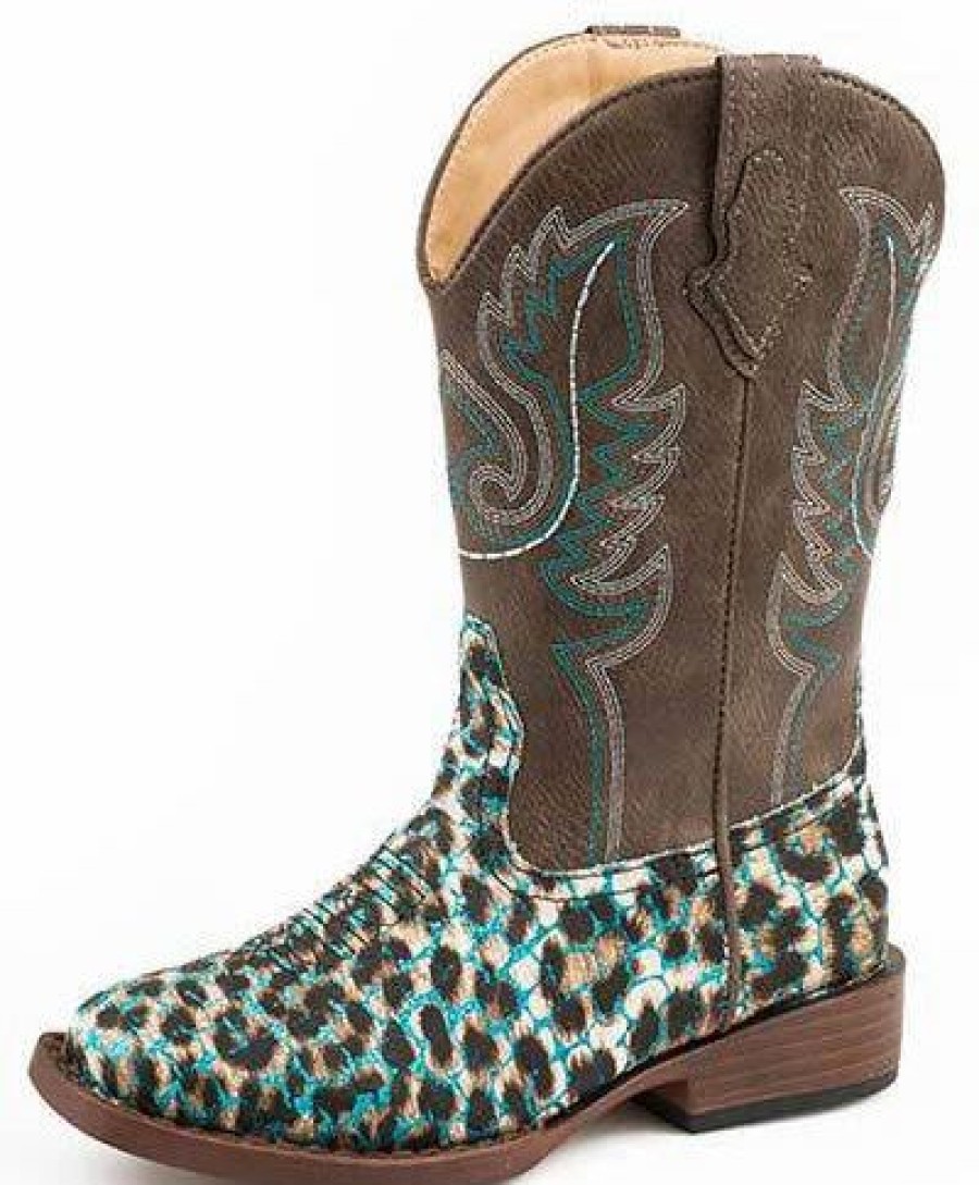 Boots & Shoes * | Karman Western Apparel Roper Kid'S Leopard Turquoise Glitter Square Toe Boots