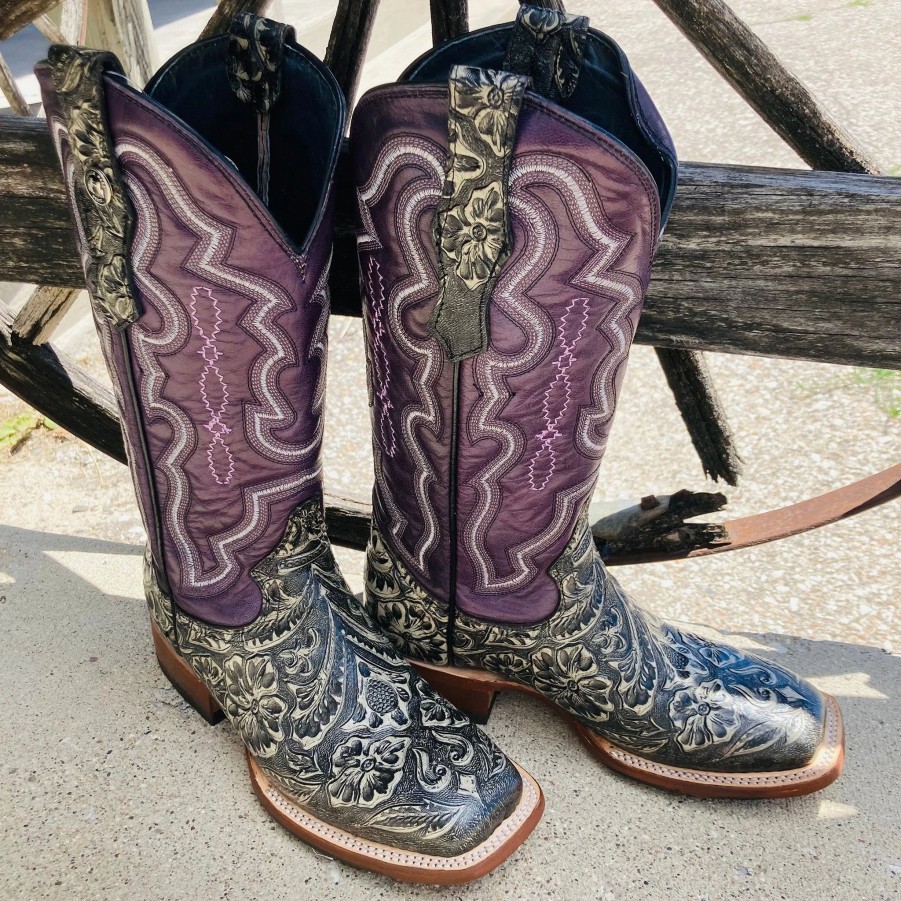 Boots & Shoes * | Tanner Mark Boots Tanner Mark Women'S Rustic Charcoal With Purple Volcano Tops Square Toe Boots
