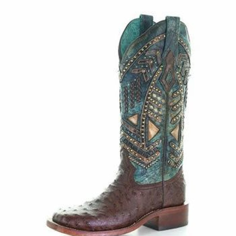 Boots & Shoes * | Corral Boots Corral Brown And Turquoise Ostrich Embroidery Stud Boots