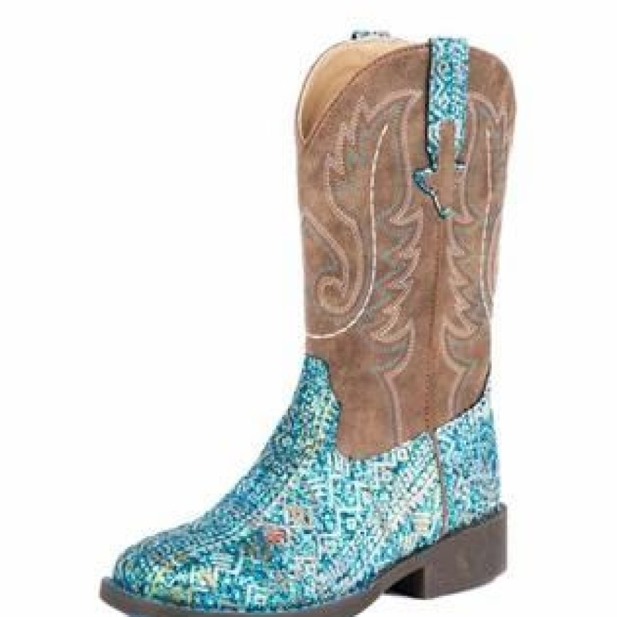Boots & Shoes * | Karman Western Apparel Roper Kid'S Blue South West Glitter Square Toe Boots